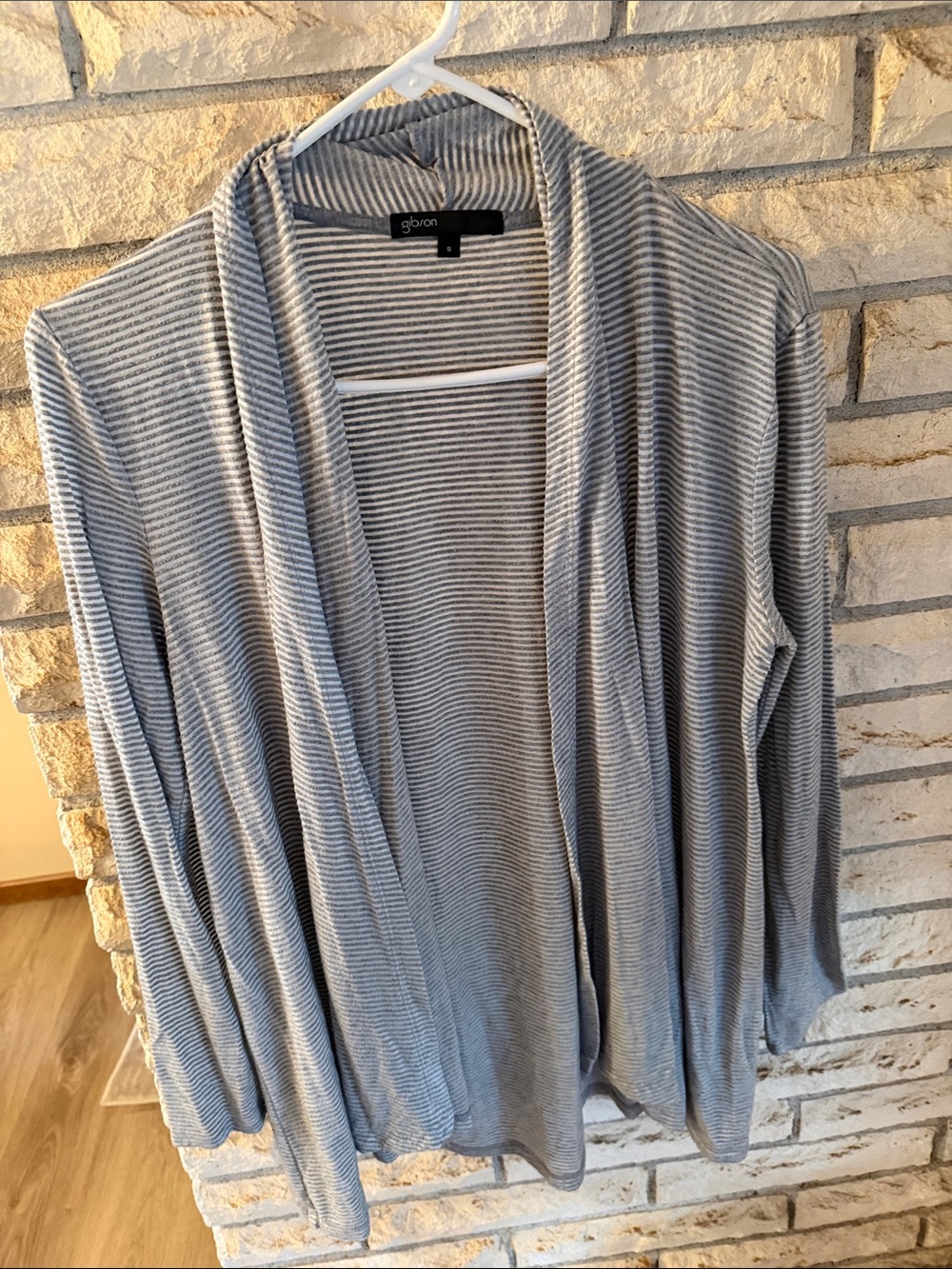 Gibson Gray Striped Open-Front Cardigan